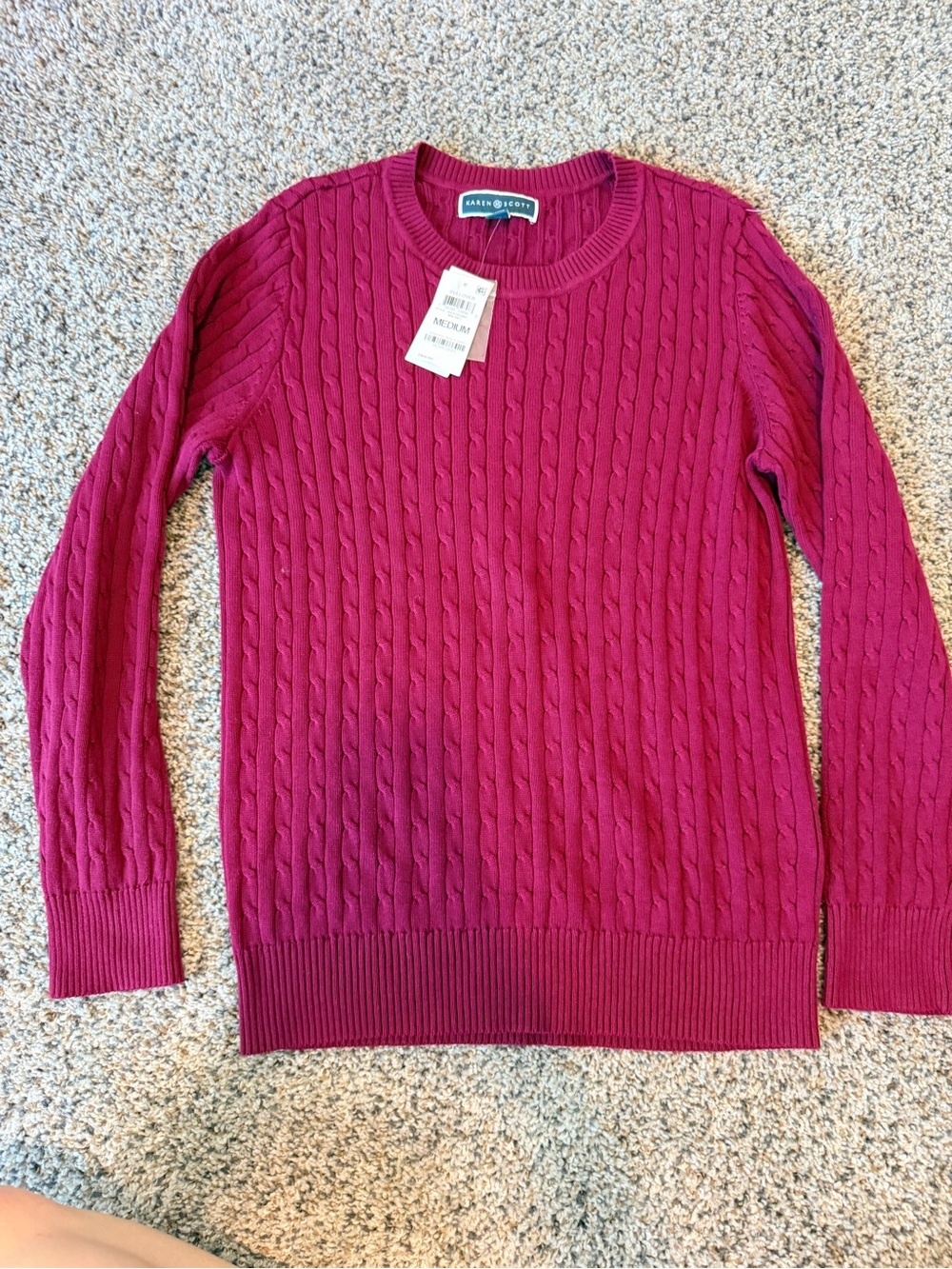 Karen Scott Magenta Cable-Knit Crewneck Sweater